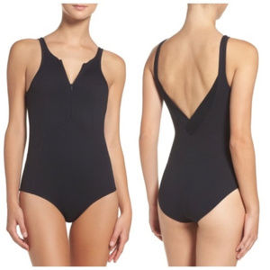 Zella Black Zip Front Knit Bodysuit Leotard